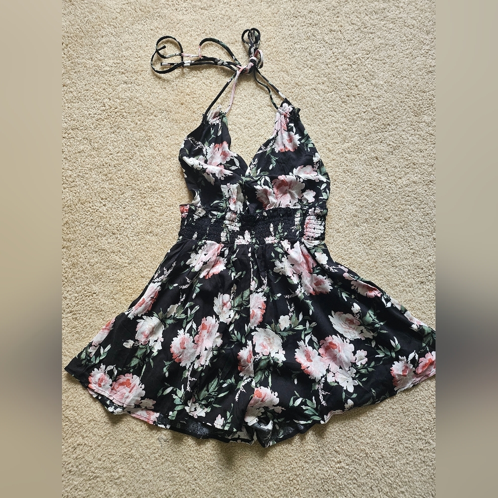 Floral Halter Romper in Black with Pink Blooms